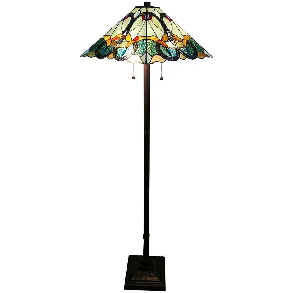 62" Espresso Two Light Torchiere Floor Lamp With Blue Flowers Glass Cone Shade HomeRoots