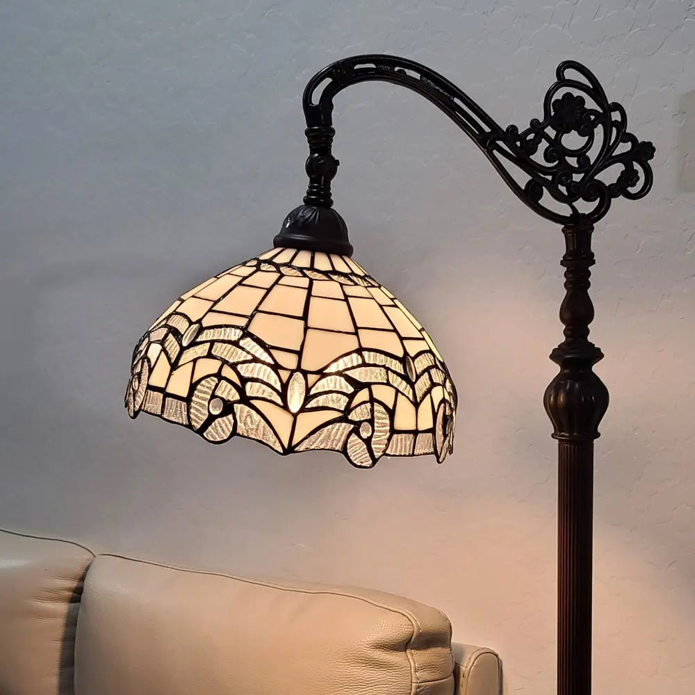 62" Brown Metal Arched Floor Lamp With White Geometric Stained Glass Shade HomeRoots