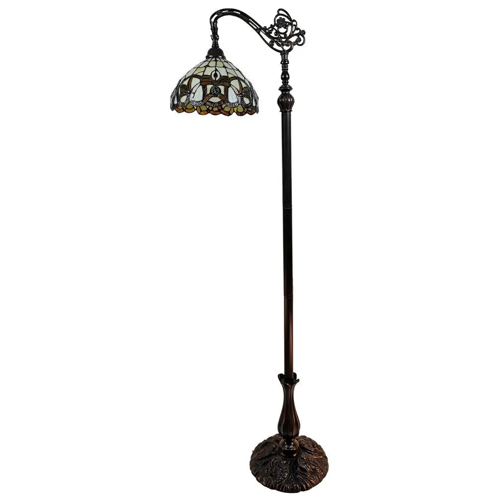 62" Brown Metal Arched Floor Lamp With Amber and Red Flowers Stained Glass Shade HomeRoots
