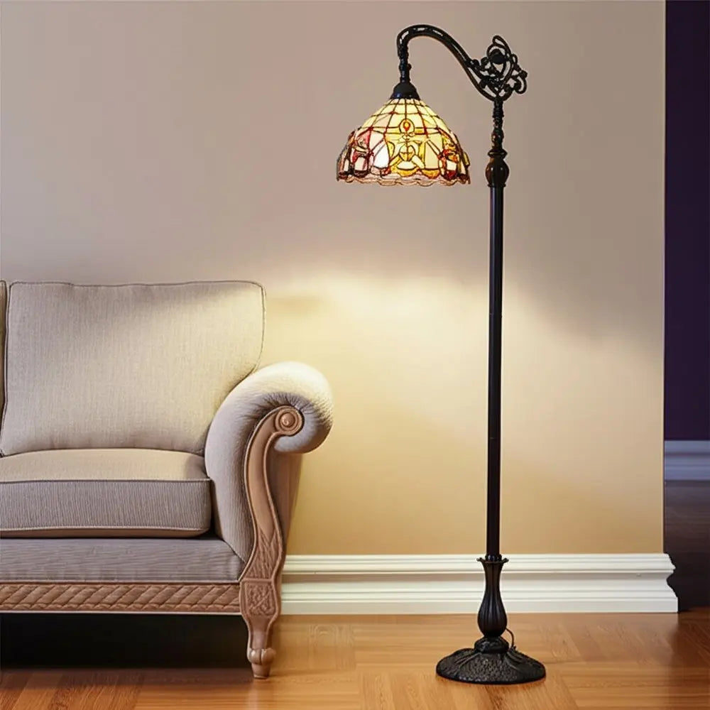 62" Brown Metal Arched Floor Lamp With Amber and Red Flowers Stained Glass Shade HomeRoots