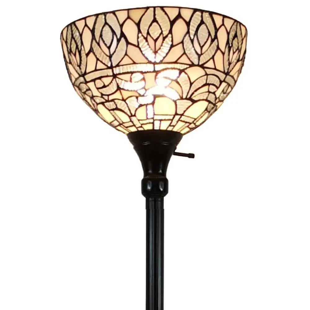 62" Brown And White Torchiere Floor Lamp With White Peacock Feather Glass Dome Shade HomeRoots