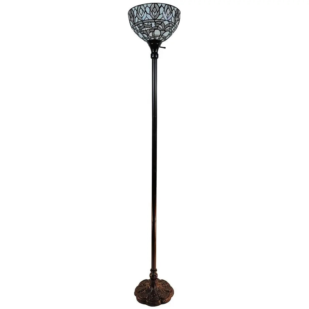 62" Brown And White Torchiere Floor Lamp With White Peacock Feather Glass Dome Shade HomeRoots