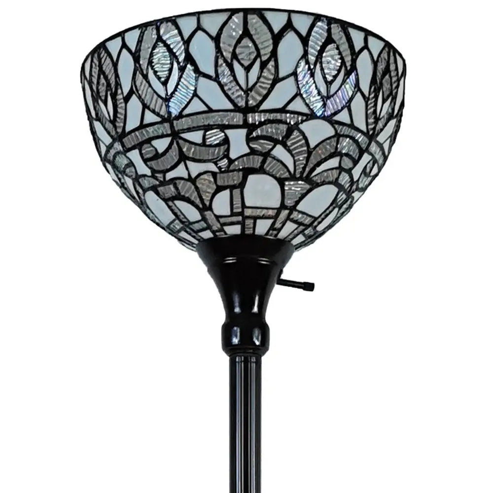 62" Brown And White Torchiere Floor Lamp With White Peacock Feather Glass Dome Shade HomeRoots