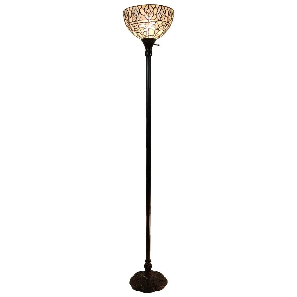 62" Brown And White Torchiere Floor Lamp With White Peacock Feather Glass Dome Shade HomeRoots