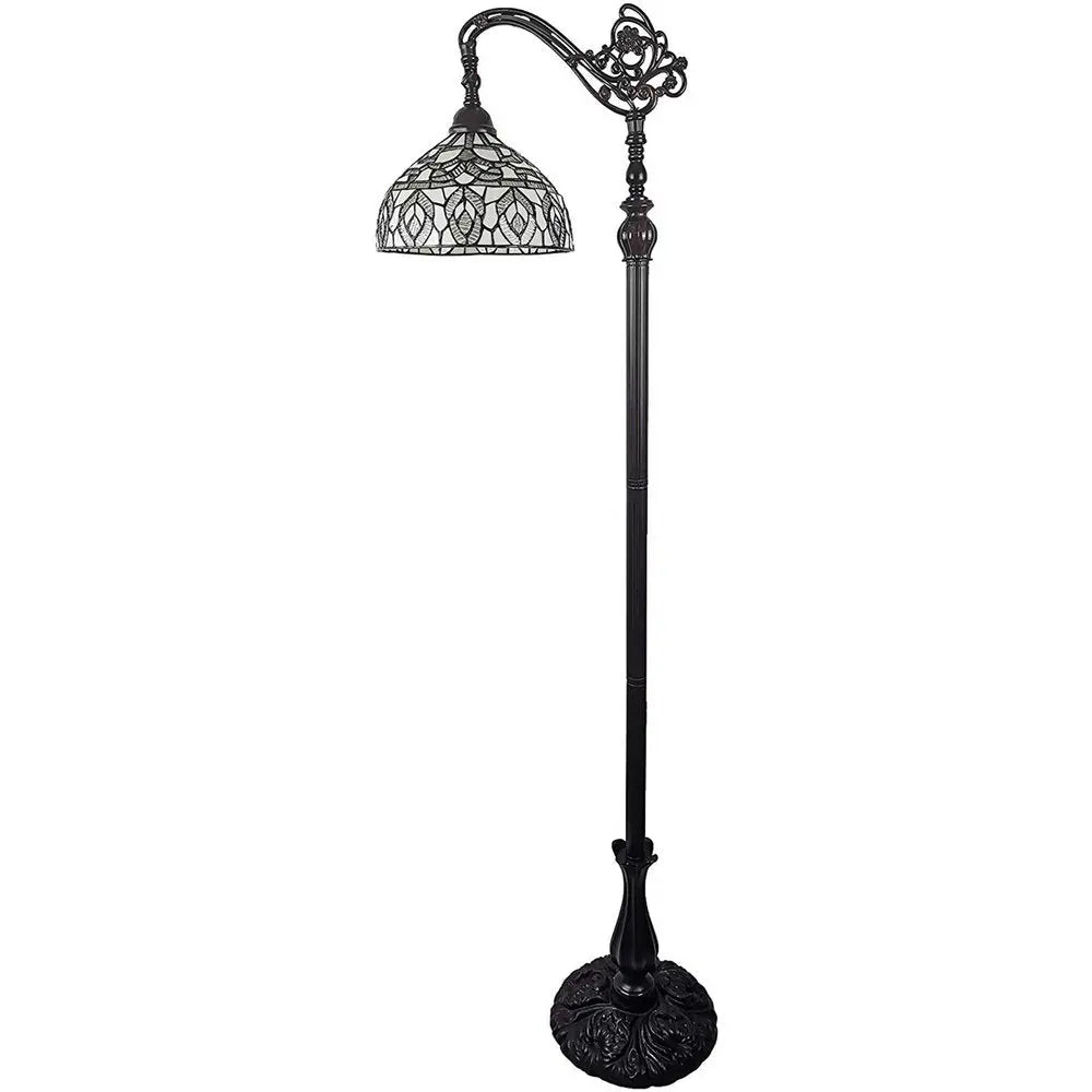 62" Brown And White Torchiere Floor Lamp With White Peacock Feather Glass Dome Shade HomeRoots