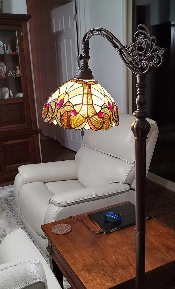 62" Beige Torchiere Floor Lamp With Brown And White Flowers Glass Dome Shade HomeRoots
