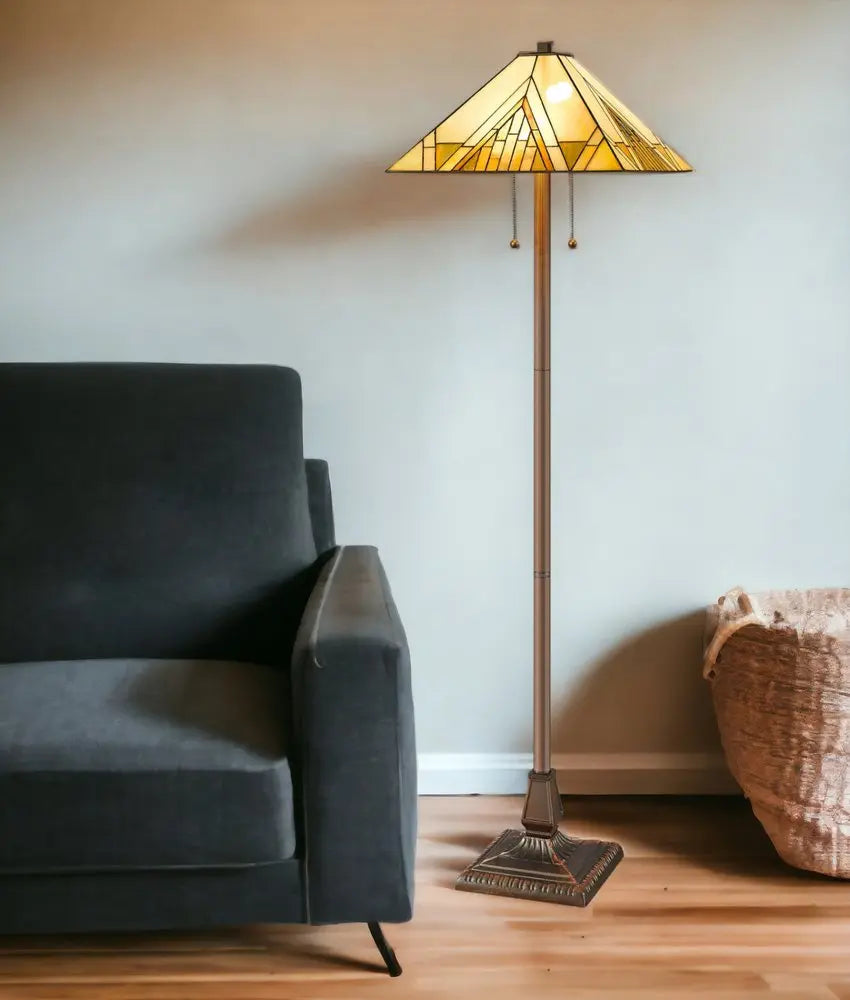 62" Brown Two Light Beige And Brown Geometric Stained Glass Floor Lamp HomeRoots