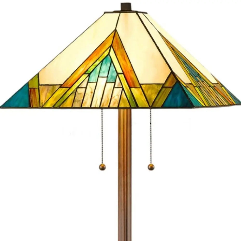 62" Two Light Tiffany Style Floor Lamp With Amber Blue And Green Stained Glass Shade HomeRoots