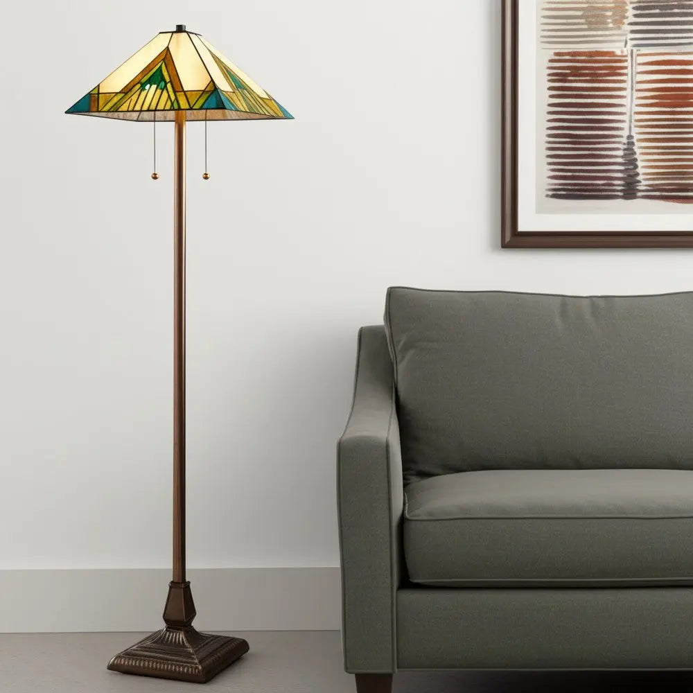 62" Two Light Tiffany Style Floor Lamp With Amber Blue And Green Stained Glass Shade HomeRoots