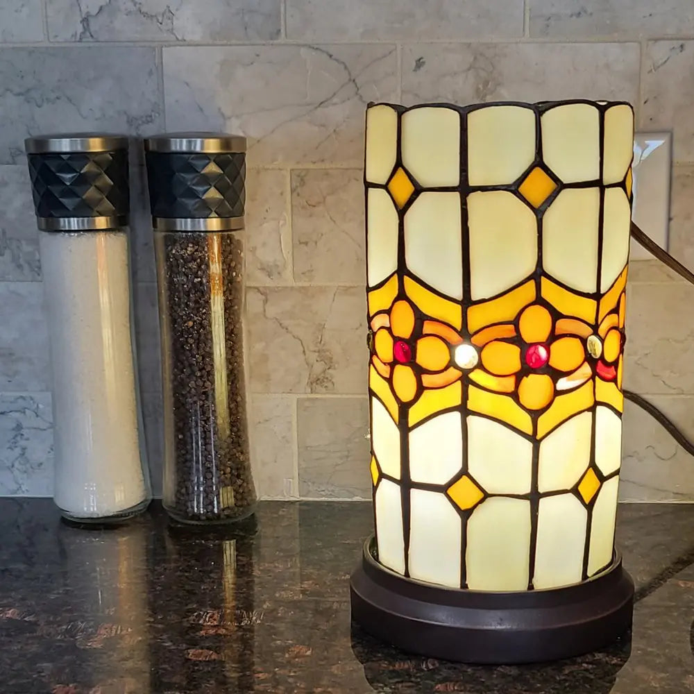 11" Brown and Beige Mosaic Tile Stained Glass Accent Lamp HomeRoots