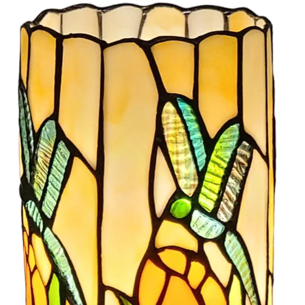 11" Beige and Green Dragonfly Stained Glass Accent Lamp HomeRoots