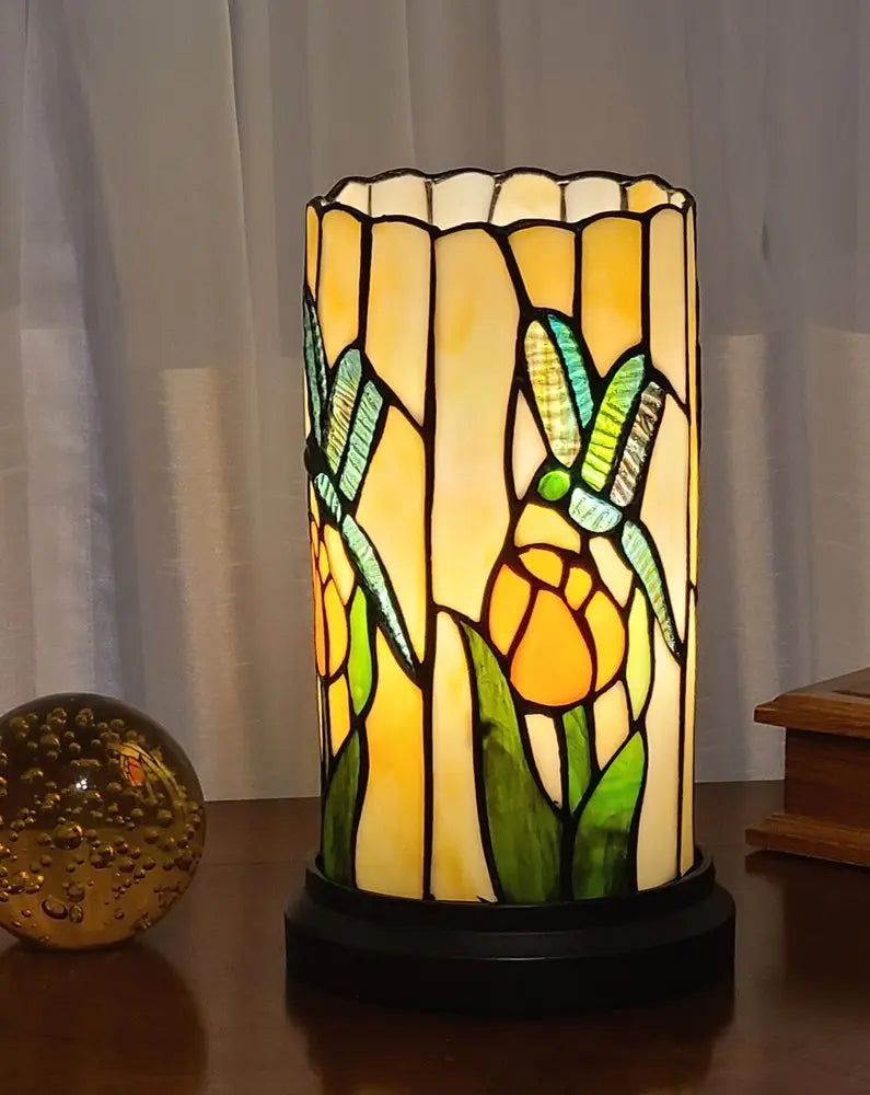 11" Beige and Green Dragonfly Stained Glass Accent Lamp HomeRoots