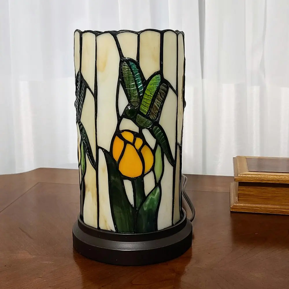 11" Beige and Green Dragonfly Stained Glass Accent Lamp HomeRoots