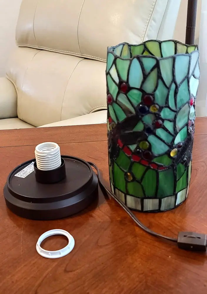 11" Green and Pink Dragonfly Stained Glass Accent Lamp HomeRoots
