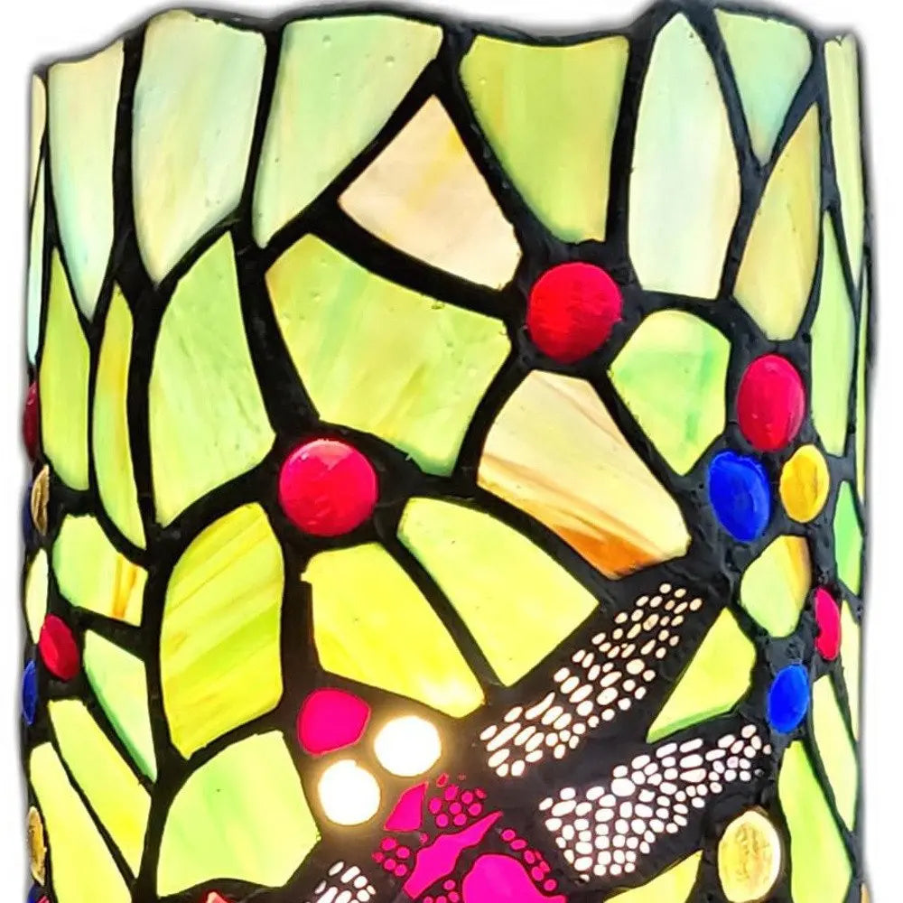 11" Green and Pink Dragonfly Stained Glass Accent Lamp HomeRoots