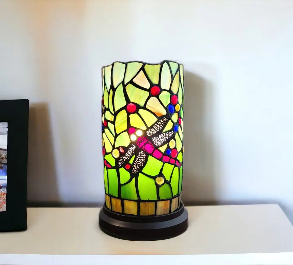 11" Green and Pink Dragonfly Stained Glass Accent Lamp HomeRoots