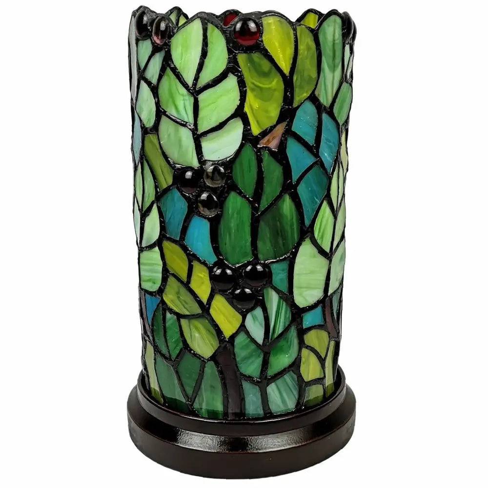 11" Green and Red Leaves and Berries Stained Glass Accent Lamp HomeRoots