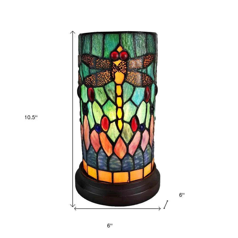 11" Green Brown and Orange Dragonfly Stained Glass Accent Lamp HomeRoots
