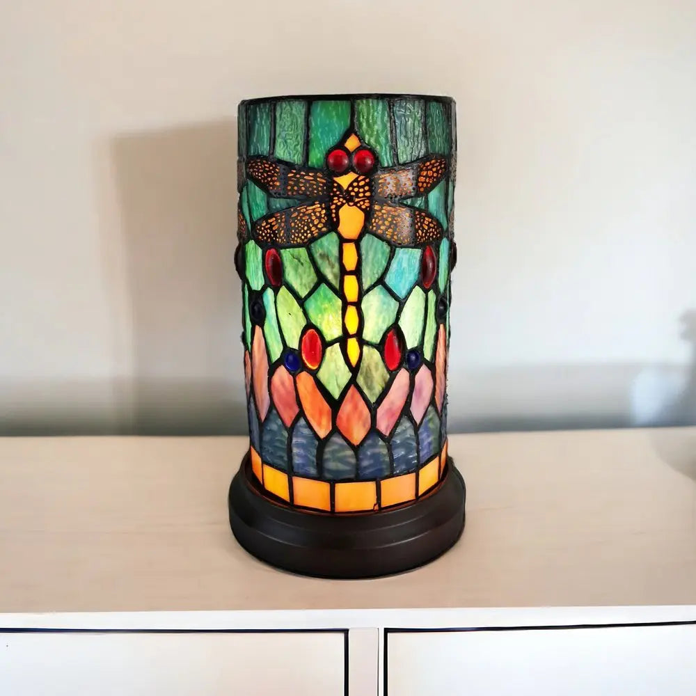 11" Green Brown and Orange Dragonfly Stained Glass Accent Lamp HomeRoots