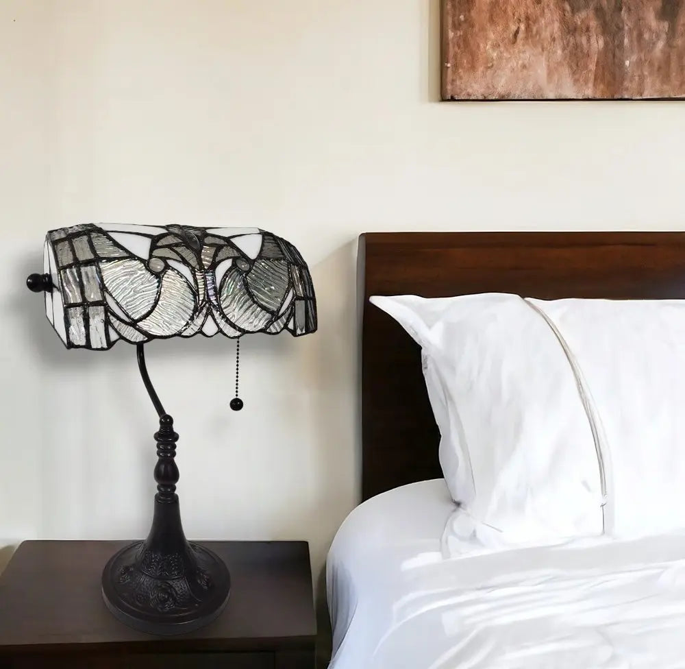 16" Dark Brown Table Lamp With White and Silver Shade HomeRoots