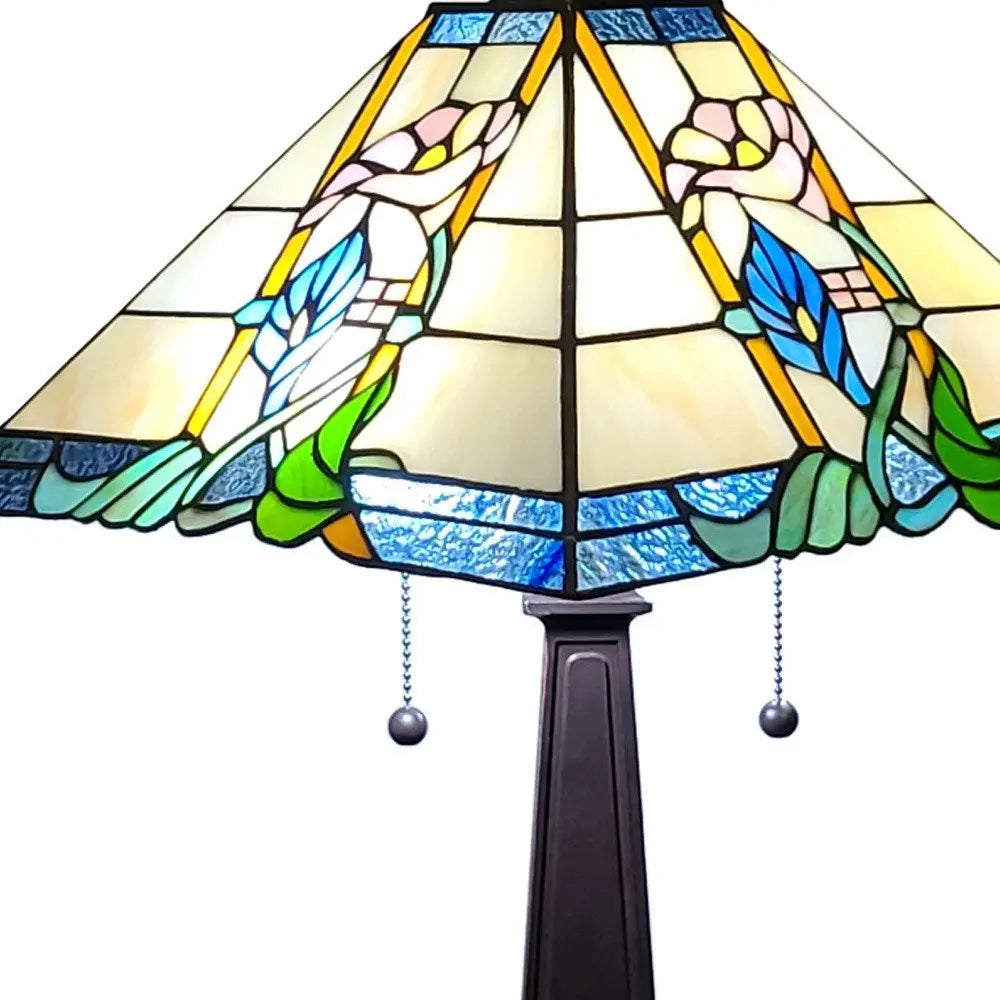 22" Dark Brown Metal Two Light Candlestick Table Lamp With Blue and Beige Shade HomeRoots