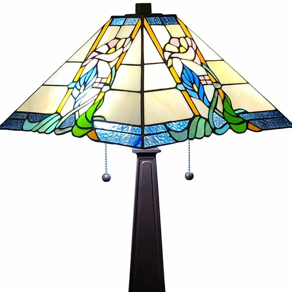 22" Dark Brown Metal Two Light Candlestick Table Lamp With Blue and Beige Shade HomeRoots