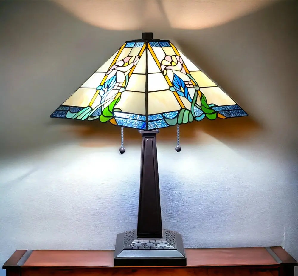 22" Dark Brown Metal Two Light Candlestick Table Lamp With Blue and Beige Shade HomeRoots