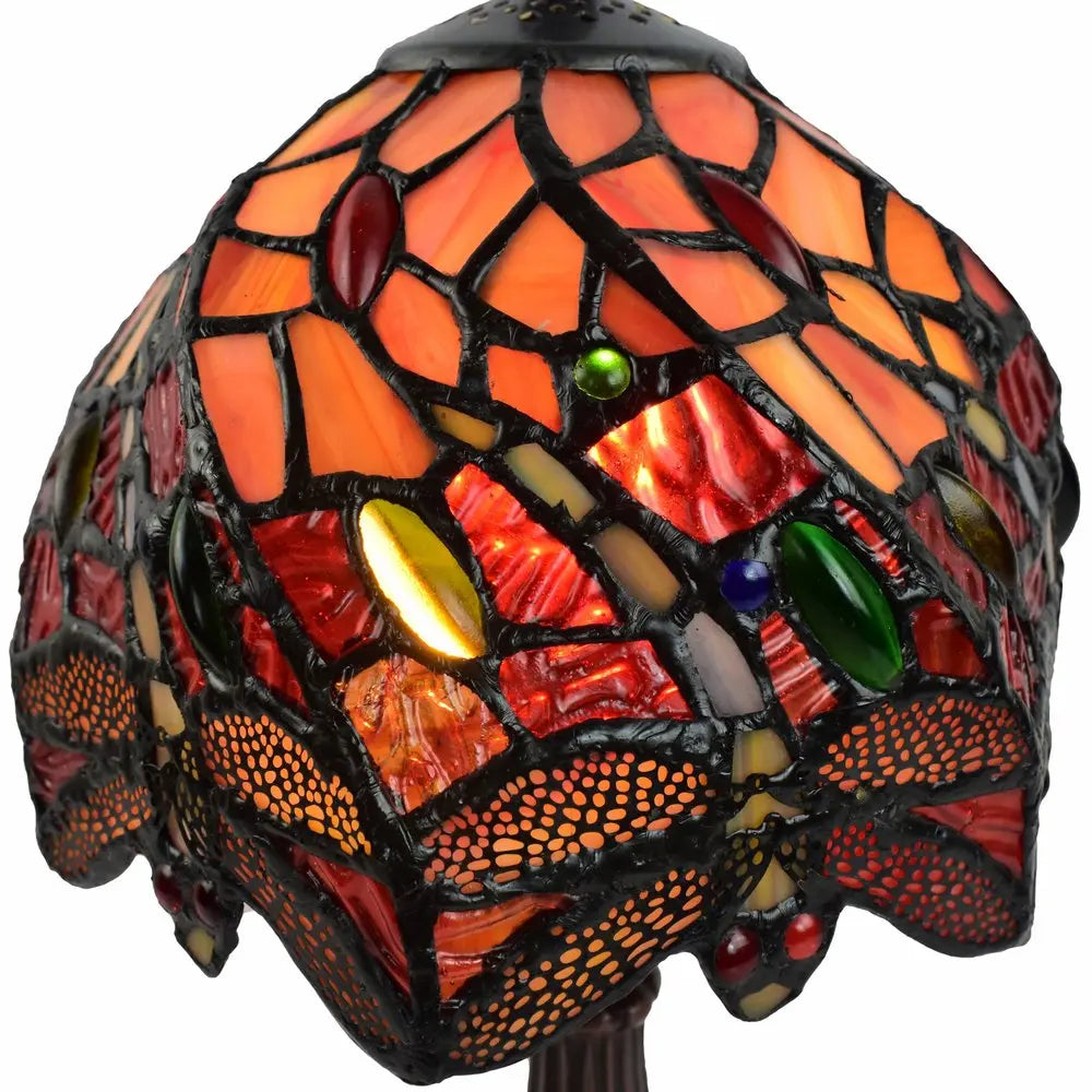 15" Dark Brown Metal Candlestick Table Lamp With Red and Black Novelty Shade HomeRoots