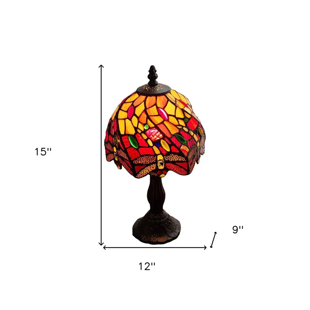 15" Dark Brown Metal Candlestick Table Lamp With Red and Black Novelty Shade HomeRoots