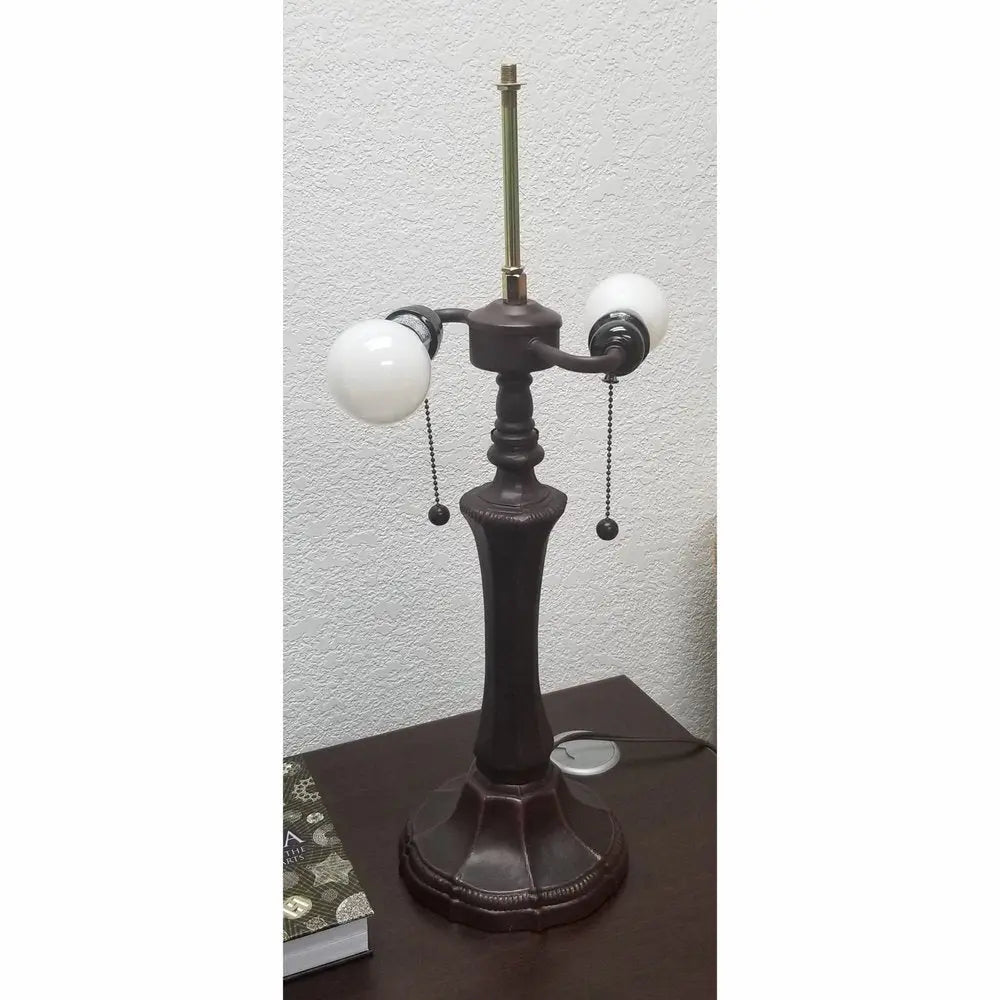 23" Dark Brown Metal Two Light Candlestick Table Lamp With Brown and Ivory Shade HomeRoots
