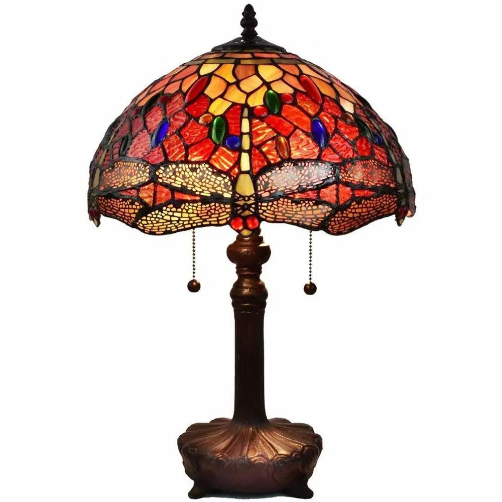 22" Dark Brown Metal Two Light Candlestick Table Lamp With Red and Black Shade HomeRoots