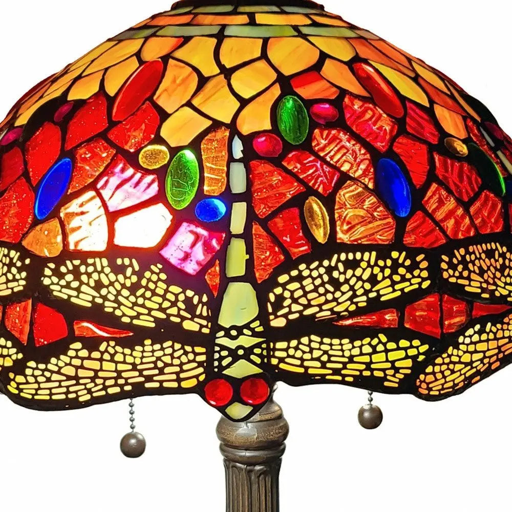 22" Dark Brown Metal Two Light Candlestick Table Lamp With Red and Black Shade HomeRoots