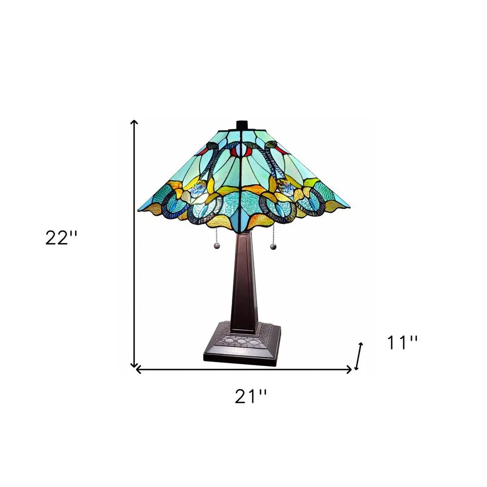 23" Dark Brown Metal Two Light Table Lamp With Blue and Green Cone Shade HomeRoots