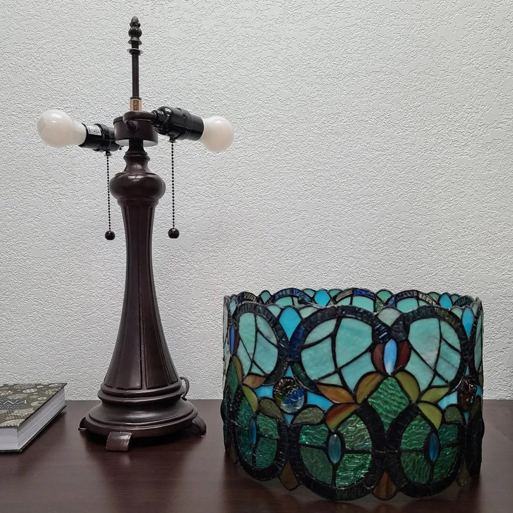 22" Dark Brown Metal Two Light Candlestick Table Lamp With Green Shade HomeRoots