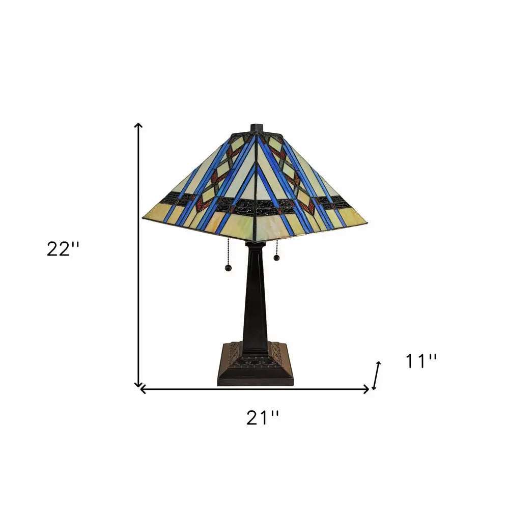 22" Dark Brown Metal Two Light Candlestick Table Lamp With Blue Empire Shade HomeRoots