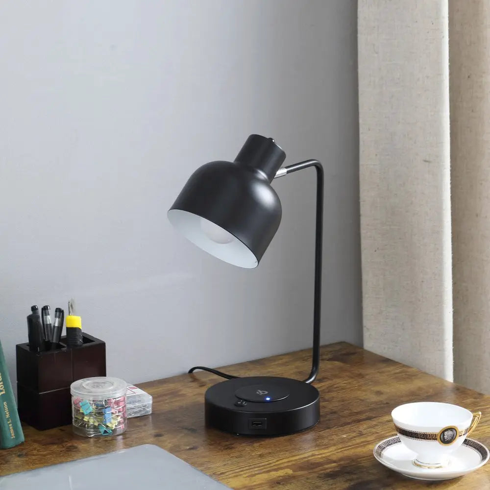 15" Black Metal Desk USB Table Lamp With Black Shade HomeRoots