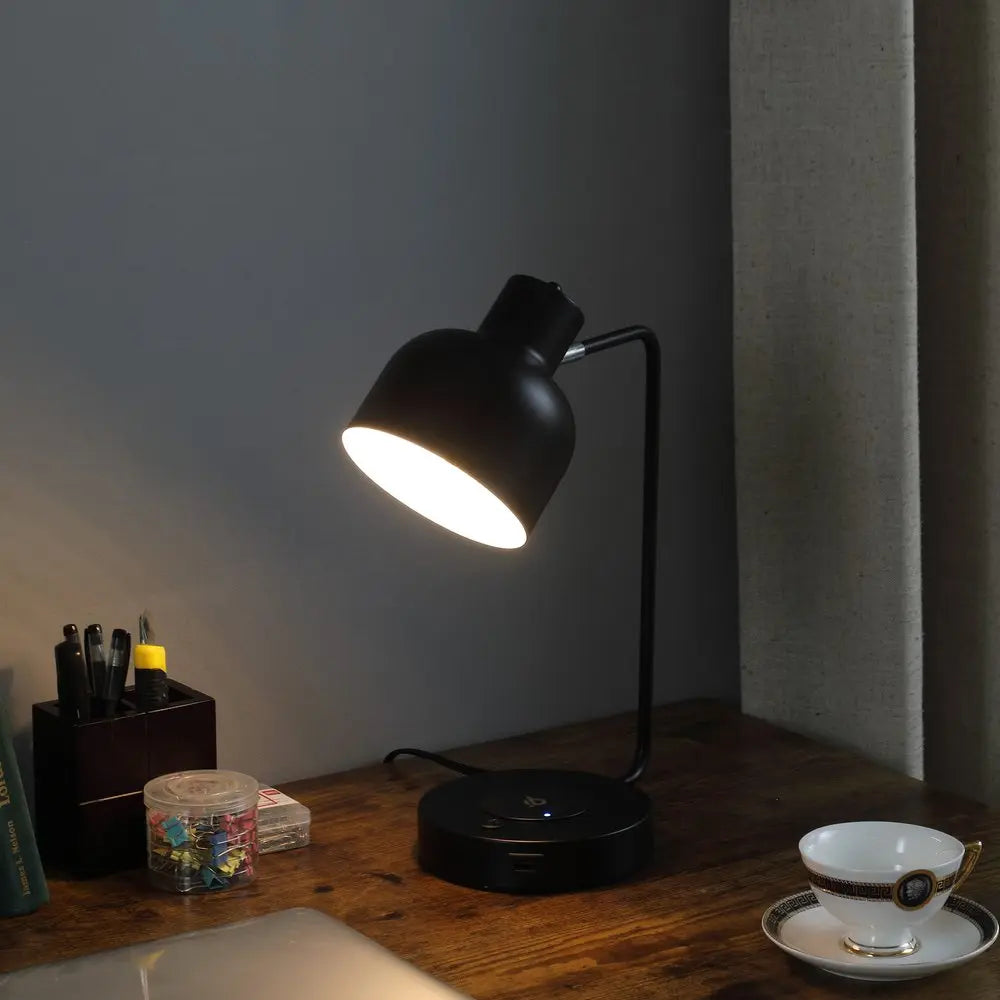 15" Black Metal Desk USB Table Lamp With Black Shade HomeRoots