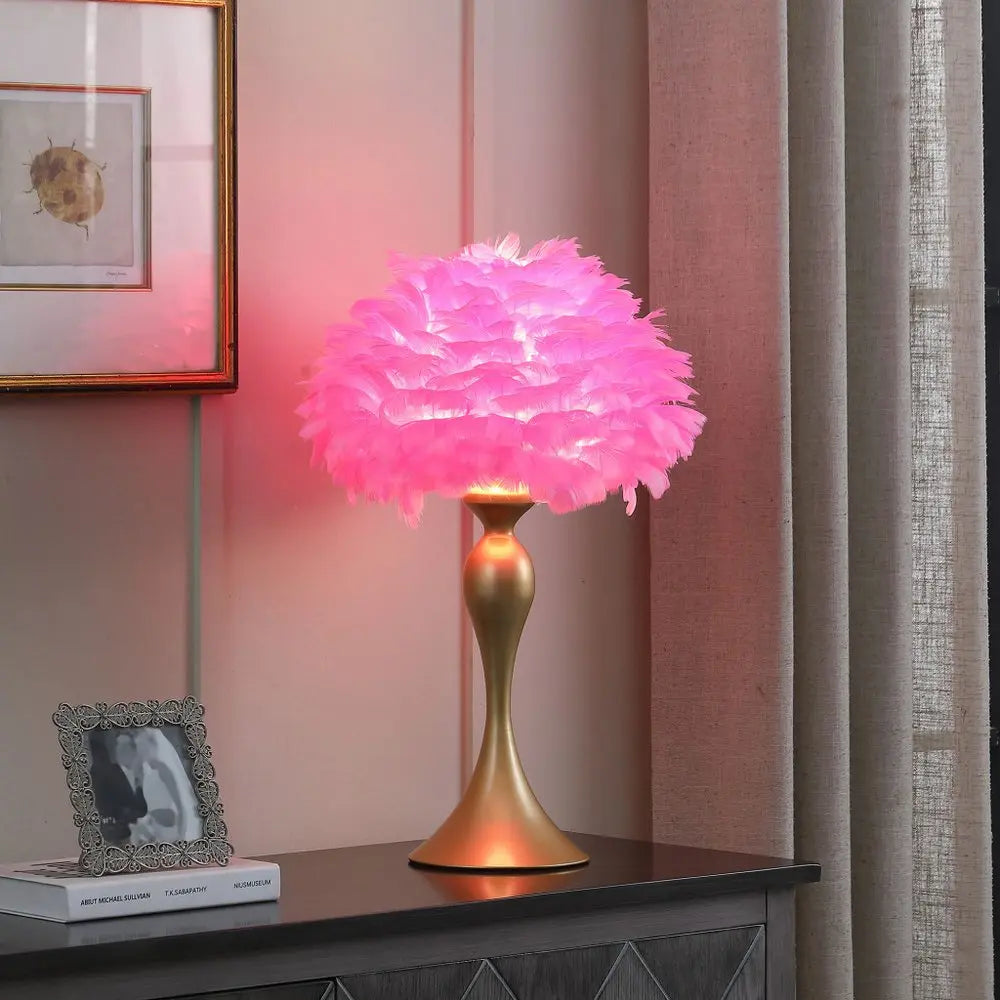 24" Glam Hot Pink Feather and Gold Table Lamp HomeRoots