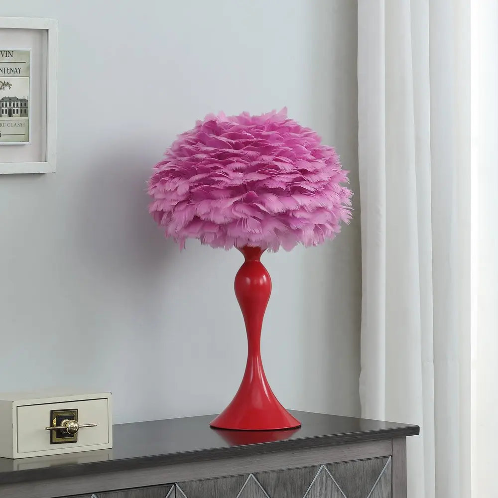 24" Glam Pink Faux Feather and White Metal Table Lamp HomeRoots