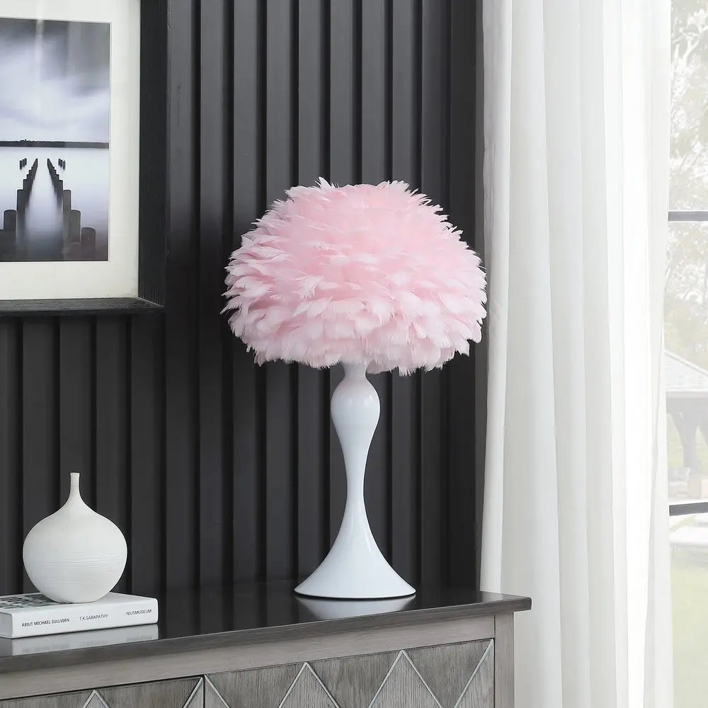 24" Glam Pink Faux Feather and White Metal Table Lamp HomeRoots
