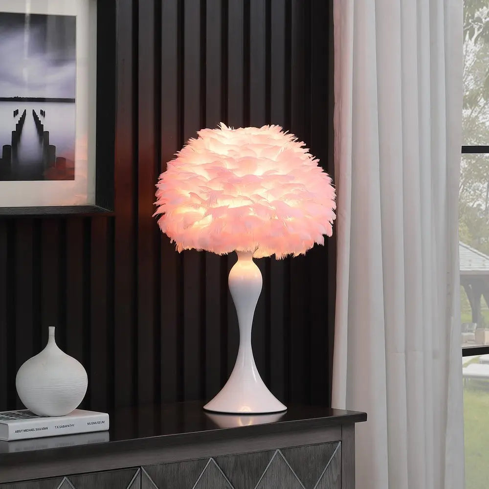 24" Glam Pink Faux Feather and White Metal Table Lamp HomeRoots