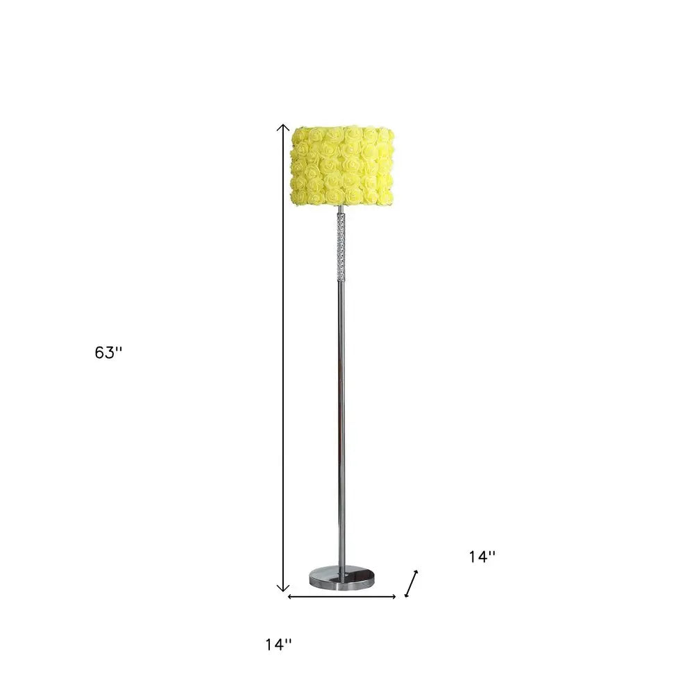 63" Steel and Acrylic Floor Lamp With Yellow Flowers Fabric Drum Shade HomeRoots
