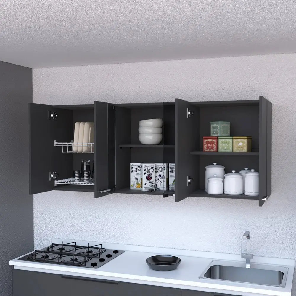 59" Black Wood Wall Mounted China Cabinet With Six Doors HomeRoots