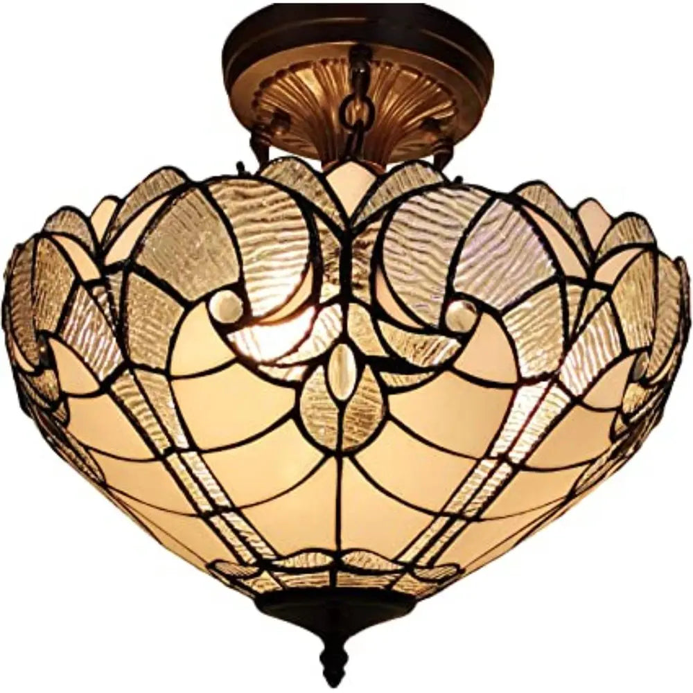 Yellow and Brown Two Light Tiffany Style Semi Flush Dimmable Ceiling Light HomeRoots