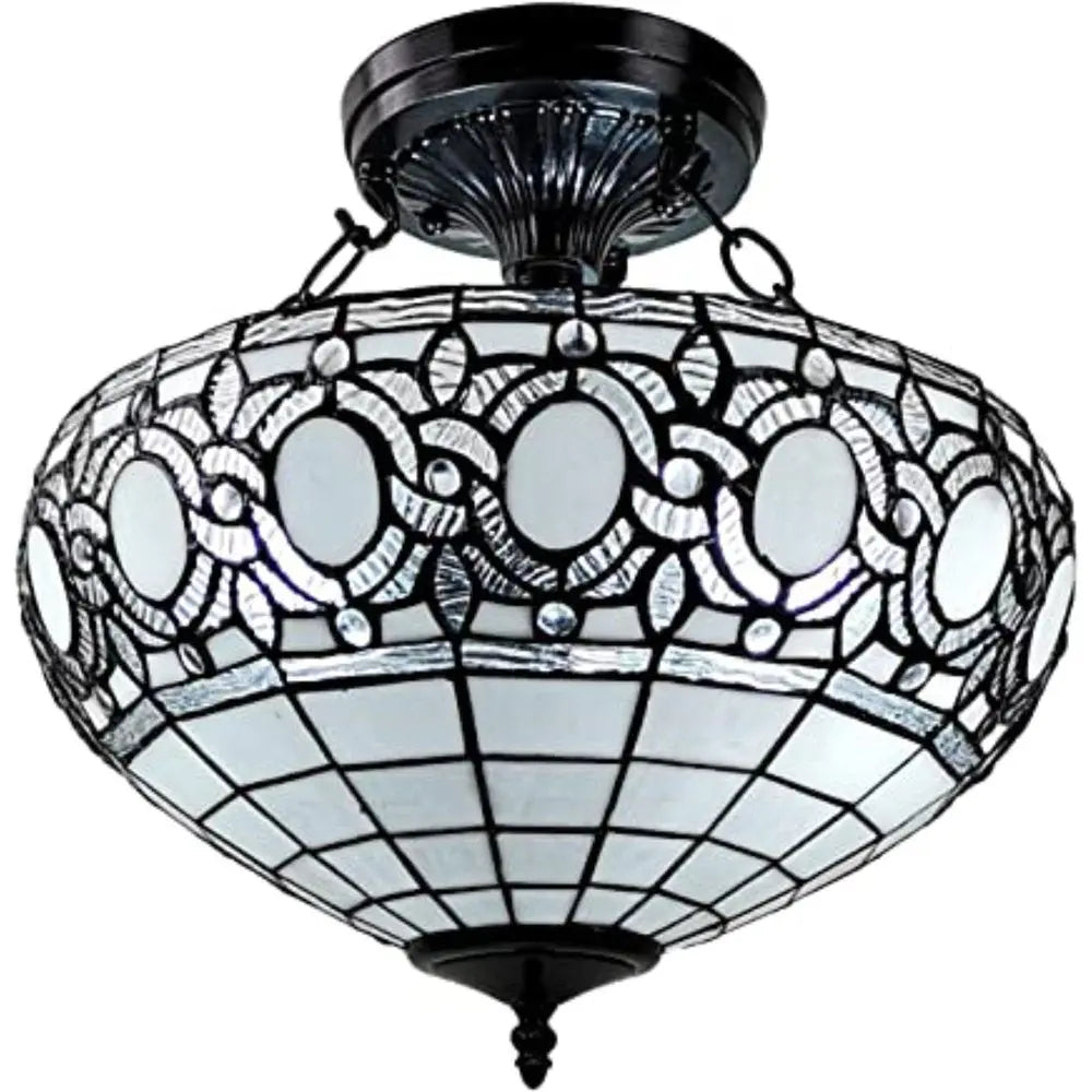 Blue and Black Tiffany Style Two Light Glass Dimmable Semi Flush Ceiling Light HomeRoots