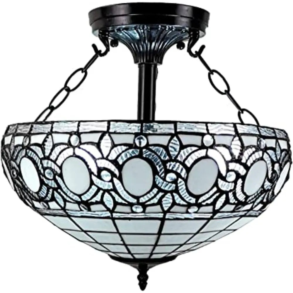 Blue and Black Tiffany Style Two Light Glass Dimmable Semi Flush Ceiling Light HomeRoots