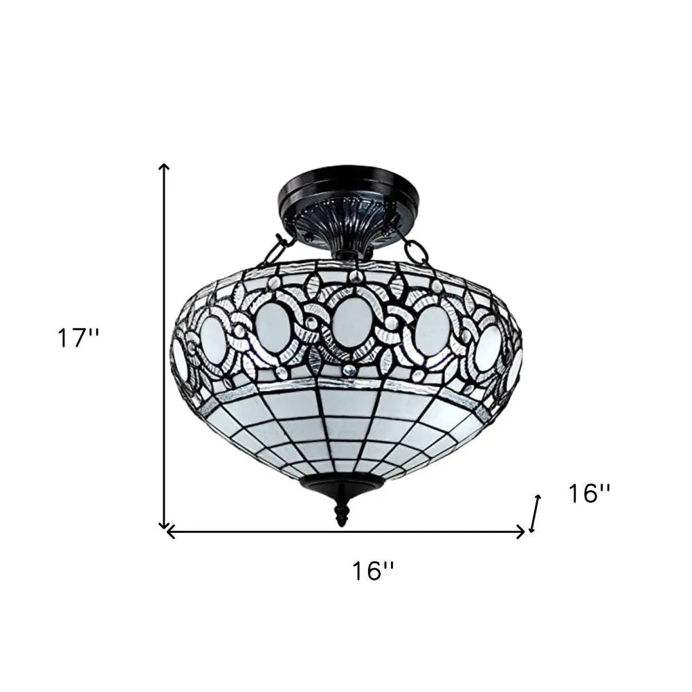 Blue and Black Tiffany Style Two Light Glass Dimmable Semi Flush Ceiling Light HomeRoots