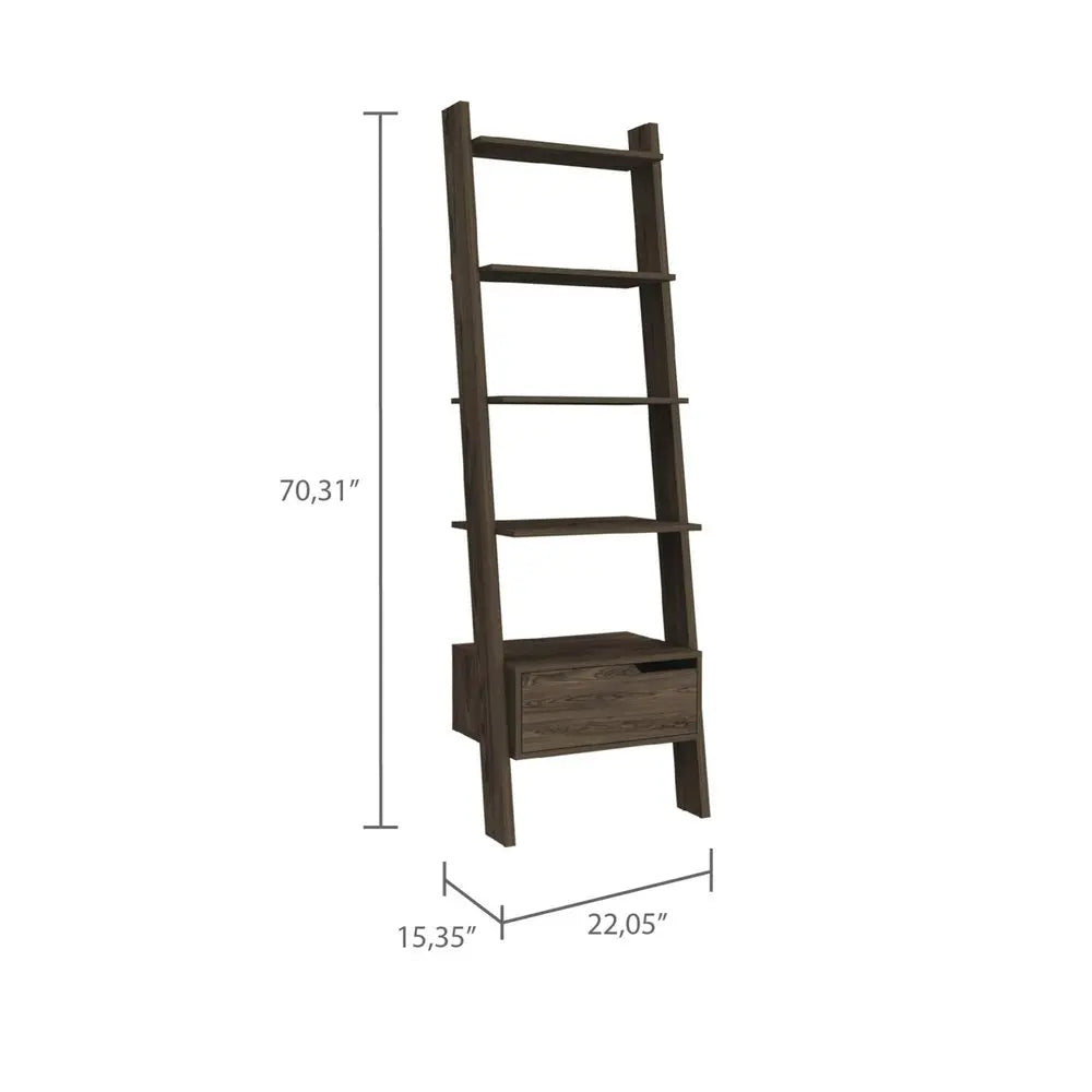70" Brown Five Tier Ladder Bookcase with A Drawer HomeRoots