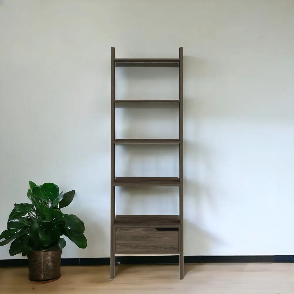 70" Brown Five Tier Ladder Bookcase with A Drawer HomeRoots