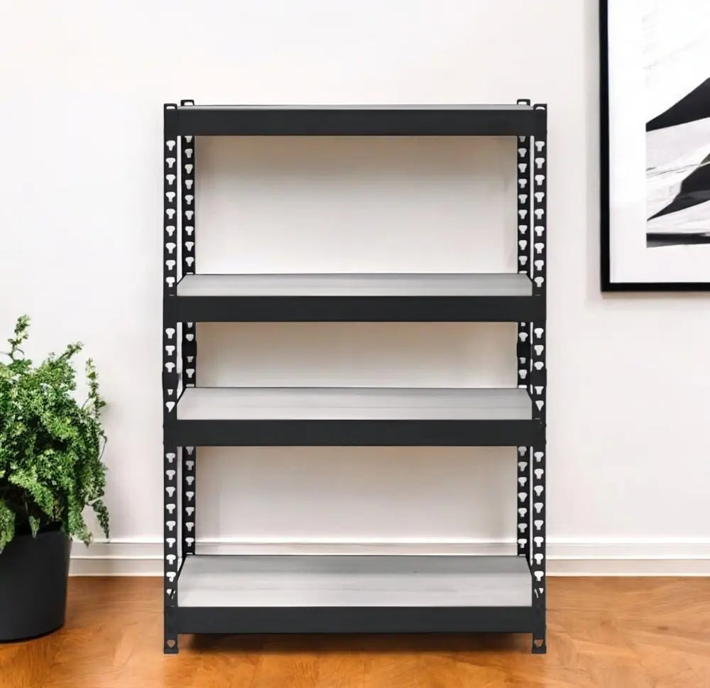 48" Black And Natural Metal and Wood Adjustable Four Tier Bookcase - NOBLE HOME INTERIORS